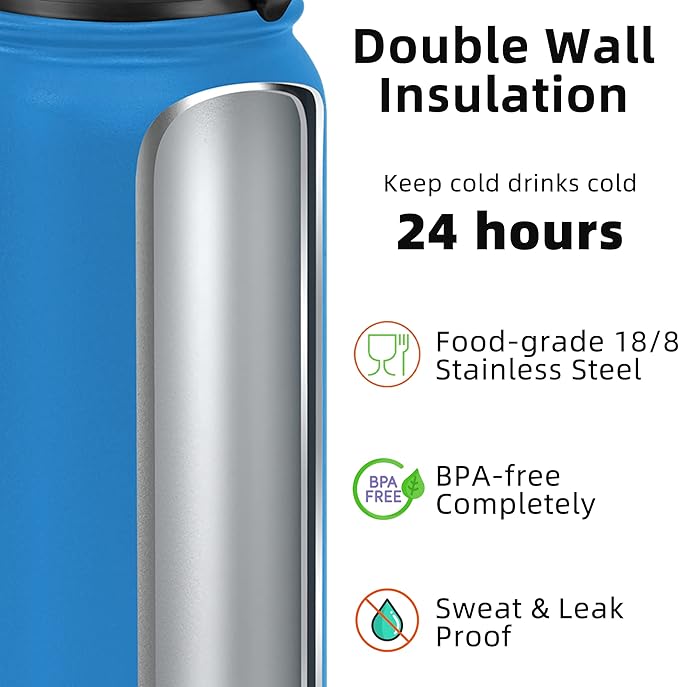 Fanhaw 32 oz Insulated Stainless Steel Water Bottle with Straw Lid, Leakproof Sports Bottle for Men, Women & Teens (Sky Blue)