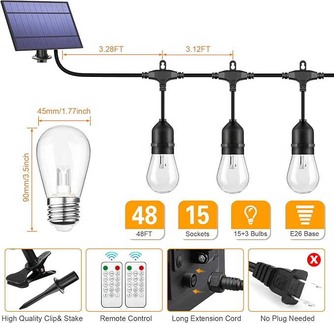 Mlambert 3-Color in 1 Solar String Lights Outdoor Waterproof Dimmable, 48ft Remote LED Patio Lights,15 Hanging Sockets Shatterproof Light for Backyard