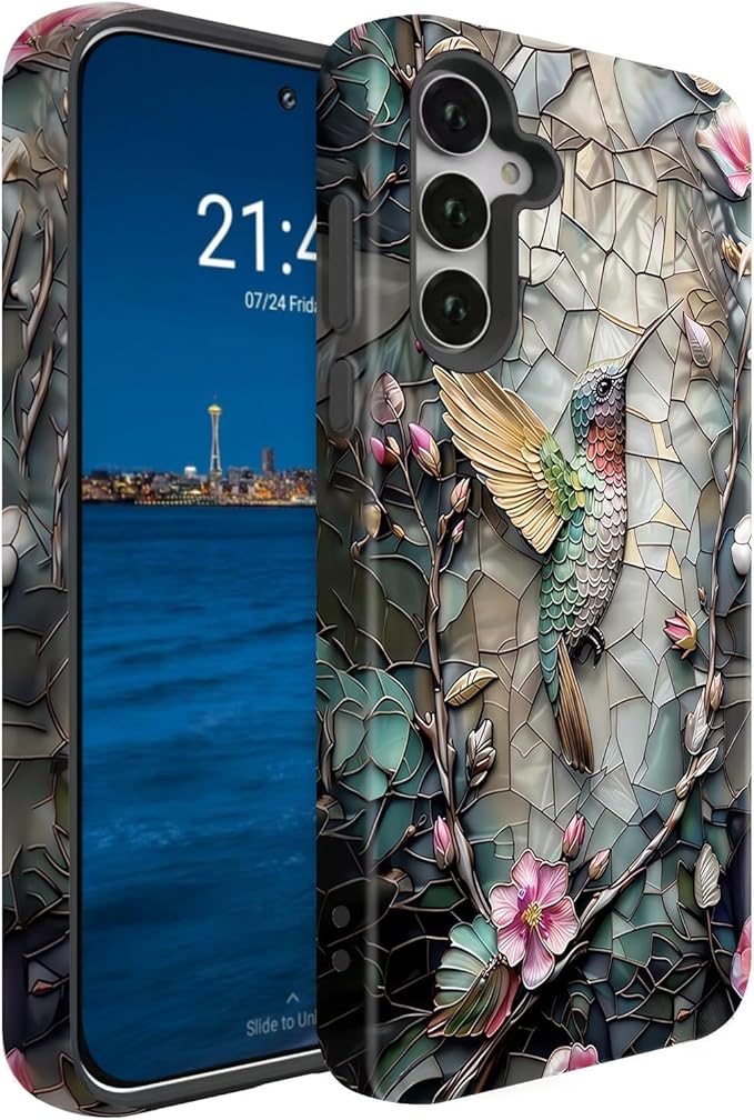 Compatible for Samsung Galaxy S26 Plus 5G Case, Dual Layer Heavy Duty 2 in 1 Shockproof Protective Phone Case,Stained Glass Hummingbird Floral