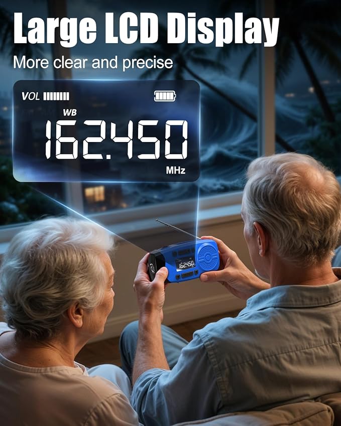 Runningsnail Emergency Weather Radio, 7400mWh Hand Crank Emergency Radio with LCD Display, Support Weather Alert Radio, USB/Solar/Hand Crank,1W Flashlight&SOS Alarm for Outdoor&Home Emergency (Blue)