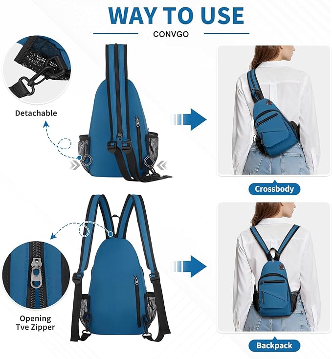 Small Crossbody Bag Casual Sling Bag for Men, Convertible Backpack, 3-in-1 Anti-Theft Shoulder Bag Trendy Daypack for Travel, Blue Grey