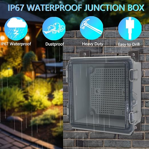 IP67 Waterproof Junction Box, ABS Plastic Electrical Enclosure with Stainless Steel Latch, Hinged Cover Electric Box with Mounting Plate, Wall Brackets & Cable Glands 280x190x130mm