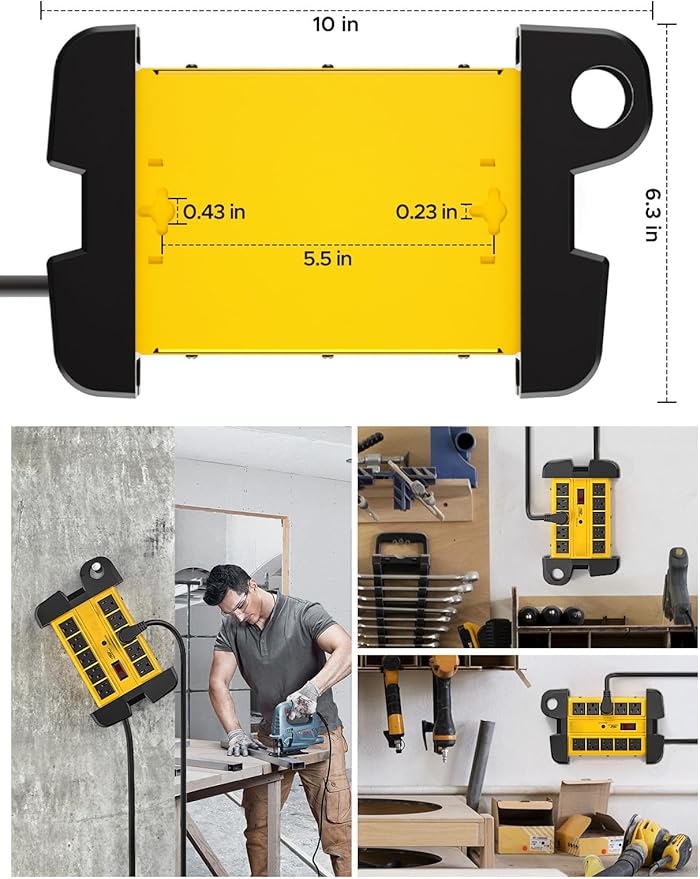 CRST 10-Outlets Heavy Duty Power Strip Metal Surge Protector with 15 Amps, 15-Foot Power Cord 2800 Joules for Garden, Kitchen, Office, School, ETL Listed(3165047) (10-Outlet, Yellow)