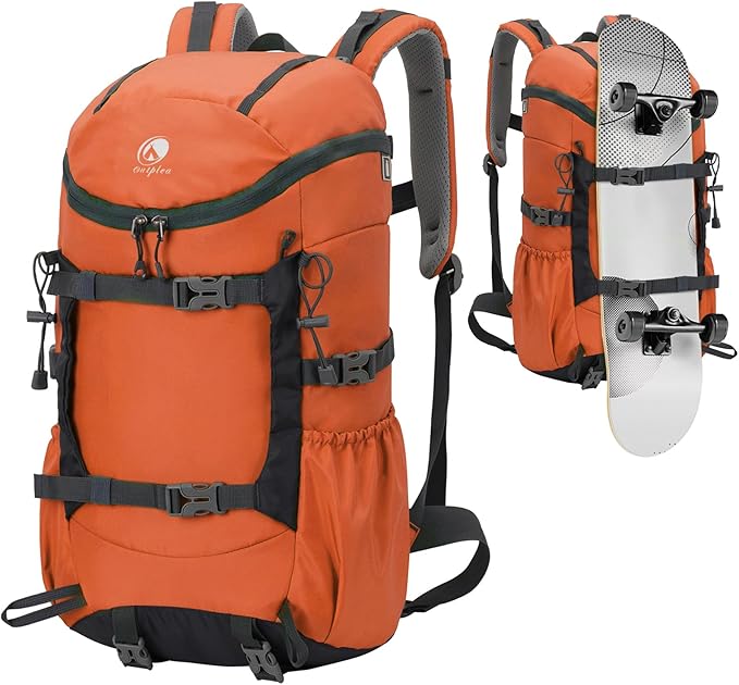 30L Skateboard Backpack for Men Women, Waterproof Hiking Backpack with Chest Strap for Camping Hunting, Lightweight Casual Travel Daypack for Skateboard Sport Outdoor, Orange