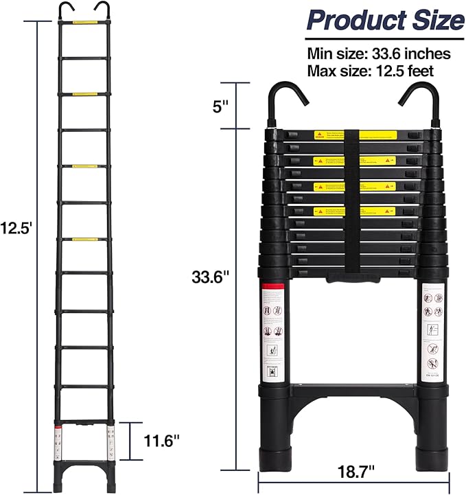 BOCOM 12.5 FT Aluminum Telescoping Ladder with Hooks, Lightweight Multi-Purpose Collapsible Extension with 2 Triangle Stabilizers, Heavy Duty 330 lbs Max Capacity for Home, RV, and Outdoor Work Black