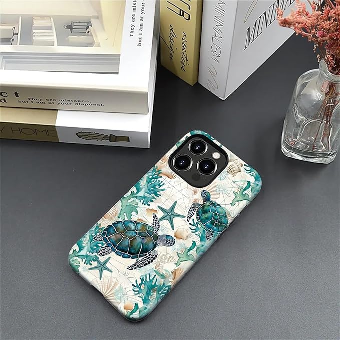 for iPhone 16 Pro Case,HH2 Ocean Sea Turtle Nautical Map Hybrid 2 Layer Hard Shell Silicone Protective Pattern Design Case