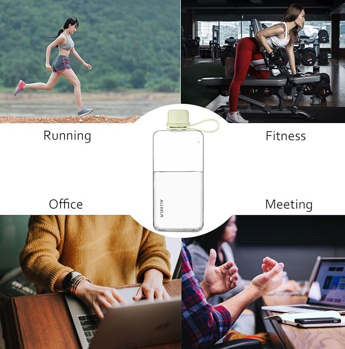 Portable Flat Water Bottle,BPA Free Reusable Tritan Plastic Travel Water Bottle Cup,Lightweight Leakproof Slim Water Bottles Fits Purse,Backpacking,Hiking (Green, 13.5 oz)
