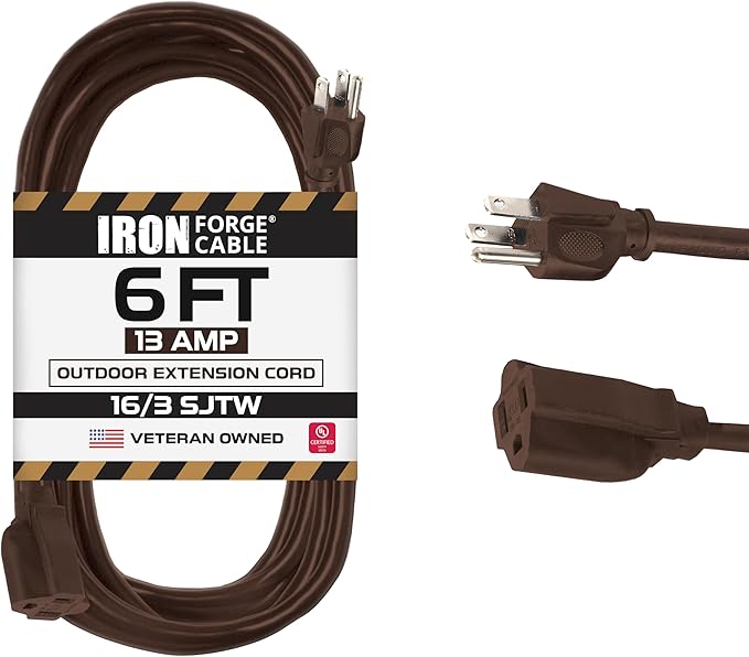 Iron Forge Cable Outdoor Brown Extension Cord 6 ft - 16 Gauge 13 Amp Heavy Duty Brown Outdoor Extension Cords 3 Prong - 16/3 SJTW - Great for Outdoor