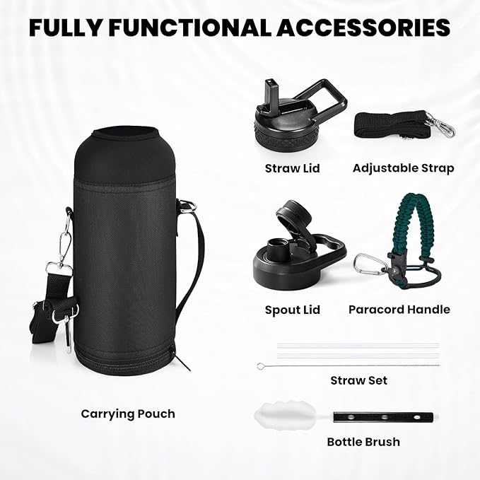 RAYMYLO Insulated Water Bottle 40 oz, Triple Wall Vacuum Stainless Steel (Cold for 36Hrs, Hot for 18Hrs), Leak Proof & Non-BPA, Modern Water Flask Jug with Paracord Handle & Straw Spout Lids