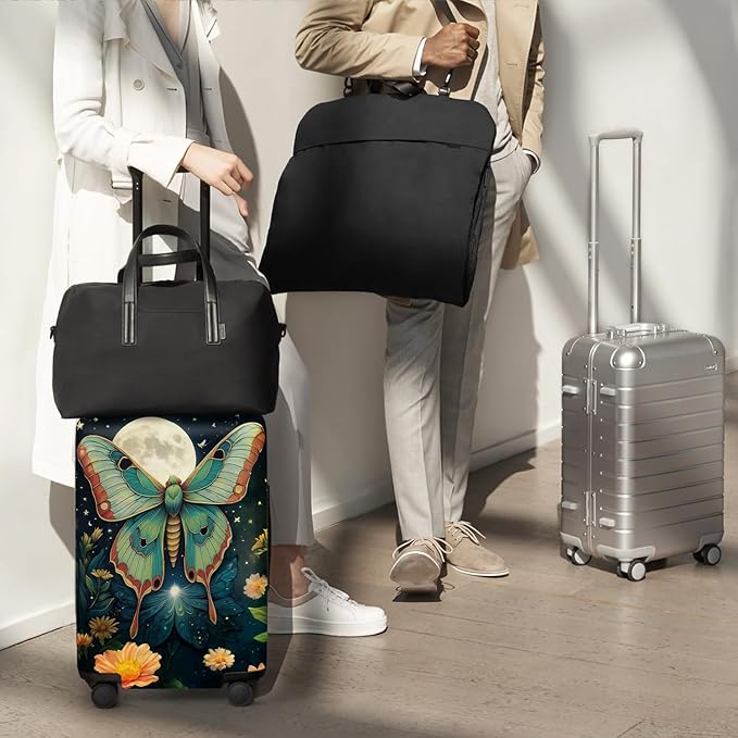 Moonlit Butterfly Flower MothTravel Luggage Cover -Stretchable Airplane Suitcase Protector Sleeve,Universal Washable Fit for 20-22 Inch Checked Baggage,Water Resistant Durable Luggage Protector