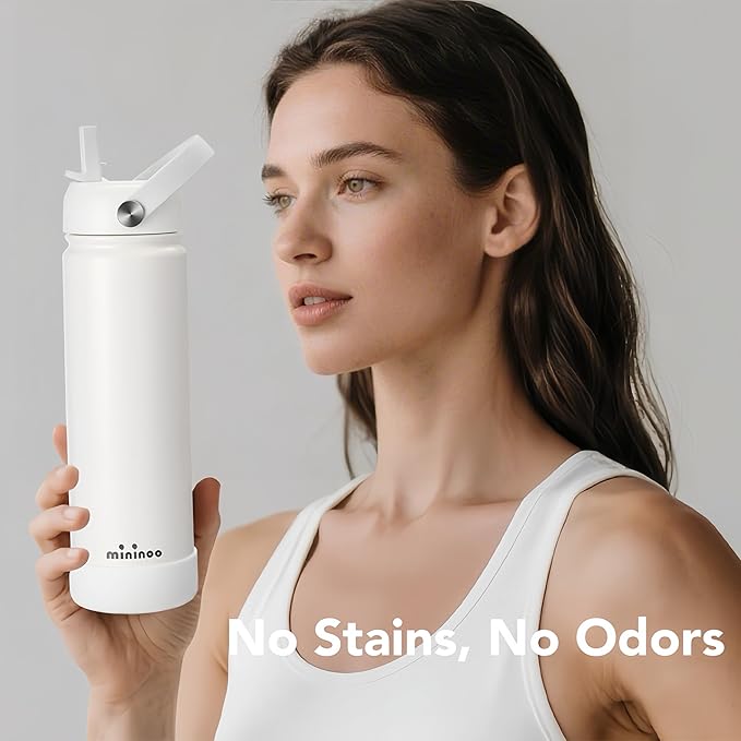 mininoo Insulated Stainless Steel Water Bottle with Straw, BPA-Free & Leak-Proof, 24 oz, White
