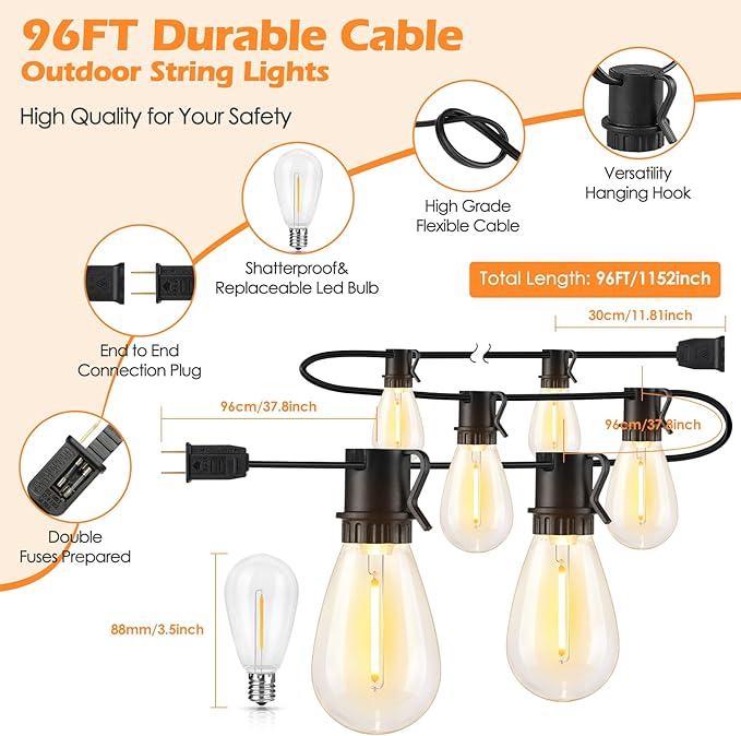 Larkvue 96FT LED Outdoor String Lights, Waterproof Patio Lights with 30+2 2700K Dimmable Shatterproof Edison Hanging Bulbs for Backyard Party-Black