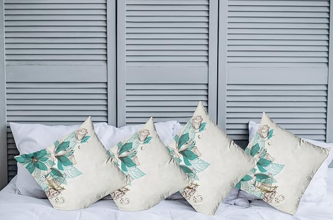 Ambesonne Turquoise Throw Pillow Cushion Case Pack of 4, Flowers Buds Leaf at The top Left Corner Season Celebrating Theme, Modern Accent Double-Sided Digital Printing, 20", Teal Brown