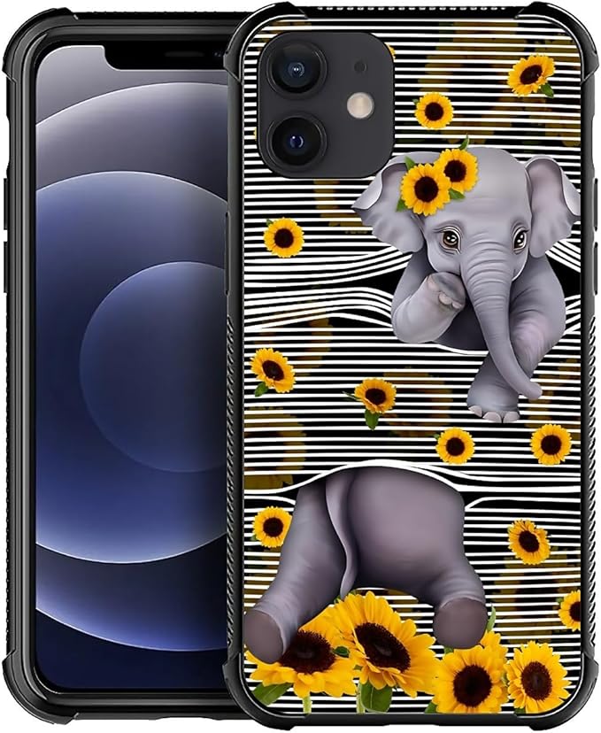 for iPhone 12/12 Pro Case, Cute Little Elephant Sunflower White Line Art Pattern Graphic Design Girl Boy Soft Silicone Hard Acrylic Shock Protection for iPhone 12/12 Pro