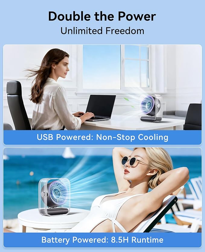 DIGIX Portable Desk Fan for Bedroom, Rechargeable Small Table Fan with 100 Speeds, 90° Rotation, Turbo Airflow, LED Display, Quiet Personal USB Cooling Fan for Office Home Travel Camping, Purple