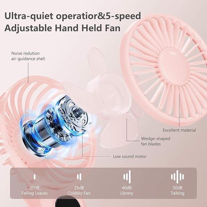 Portable Fan, 2-Pack Rechargeable Handheld Fans with 12H Battery, 5-Speed 180° Foldable USB Fan, Cooling Face Fan with Lanyard for Makeup & Travel, Camping, Hiking -Pink & Purple