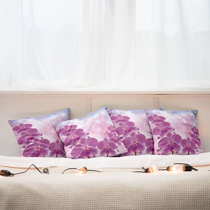Ambesonne Floral Throw Pillow Cushion Case Pack of 4, Exotic Orchid Flowers Flourishing on Abstract Background Circles Stars, Modern Accent Double-Sided Digital Printing, 24", Pink Purple