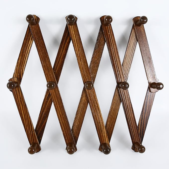 AMAPON Accordion Style Expandable Wall Wooden Coat Rack 13 Hooks (Pegs) Hang Hats Jackets Coffee Mug Purses Necklaces Towels Cap Leash Scarves Data Line Kitchenware (Walnut 2 Packs)