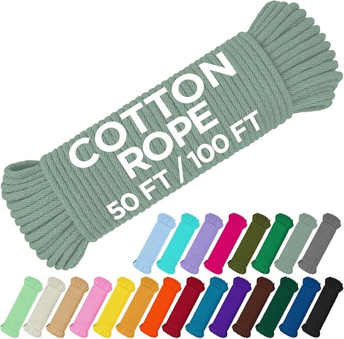TECEUM Cotton Rope 3/16” (5 mm) – 100 FT – Strong All-Purpose Braided Rope – Natural Cotton – for Crafting, Сamping, Clothes Line, DIY, Indoor & Outdoor Use – Soft Sage