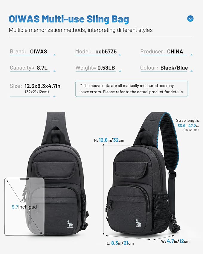 OIWAS Sling Bag Crossbody Backpack for Men, One Strap Backpack Hiking Daypack Chest Bag for Women