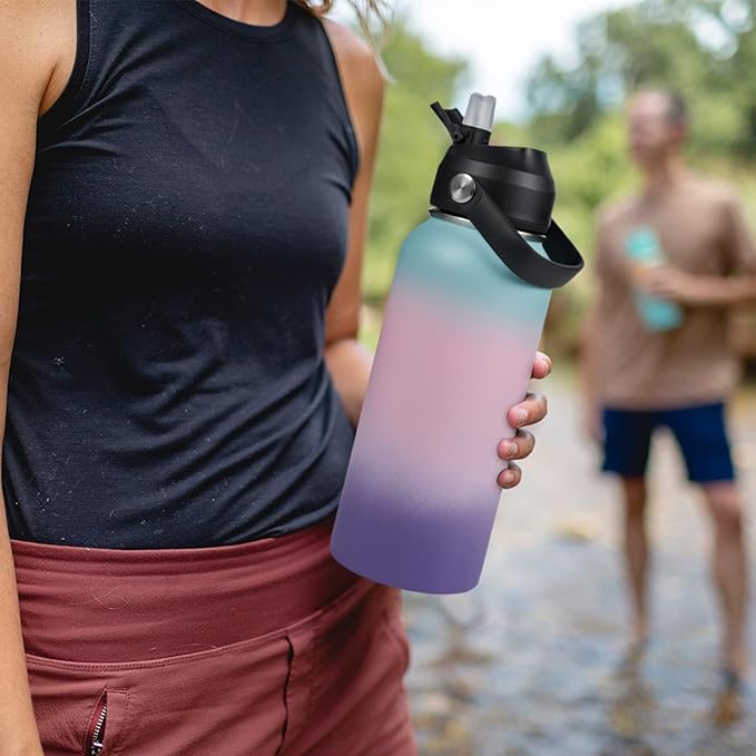 Fijinhom 32oz Insulated Stainless Steel Water Bottle, Wide Mouth Double Wall Vacuum, Silicone Straw, Sweat & Leak Proof, BPA Free Insulated Water Flask for Travel, Keep Cold 24h Hot 12h, Pink