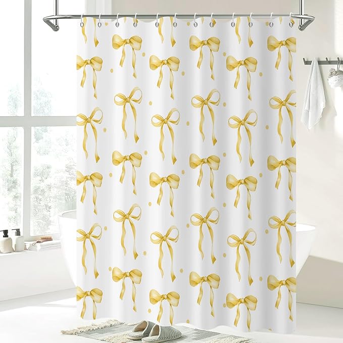 Yellow Bow Shower Curtain, Yellow and White Modern Aesthetic Bowknot with Polka Dot Cute Girly Bathroom Curtain Waterproof Fabric Machine Washable with Hooks, 48" Wx72 L