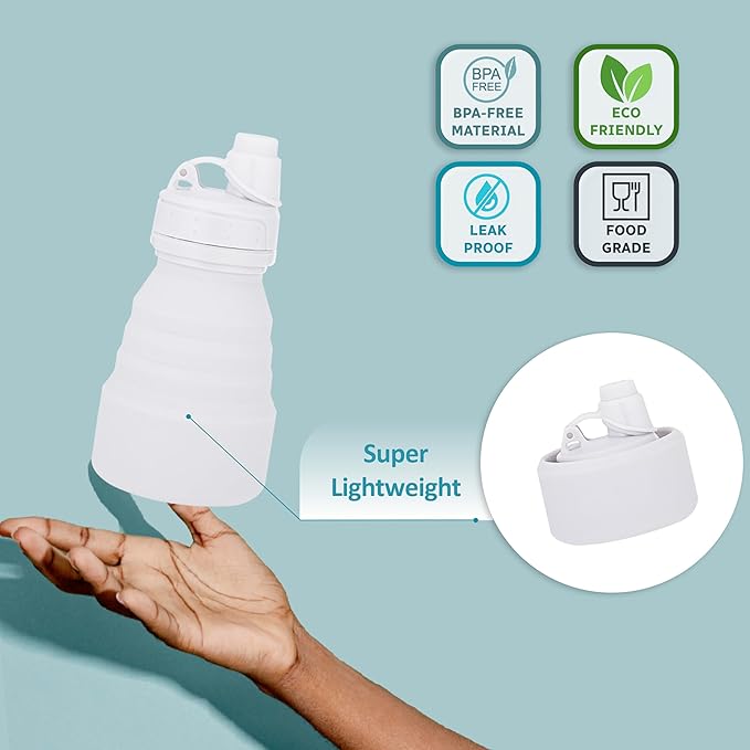 Collapsible Water Bottles 17oz, Odorless BPA-Free Silicone, Leak-Proof Foldable Reusable Bottle - Perfect for Travel Sports Gym Hiking Camping Cycling - Water Gray
