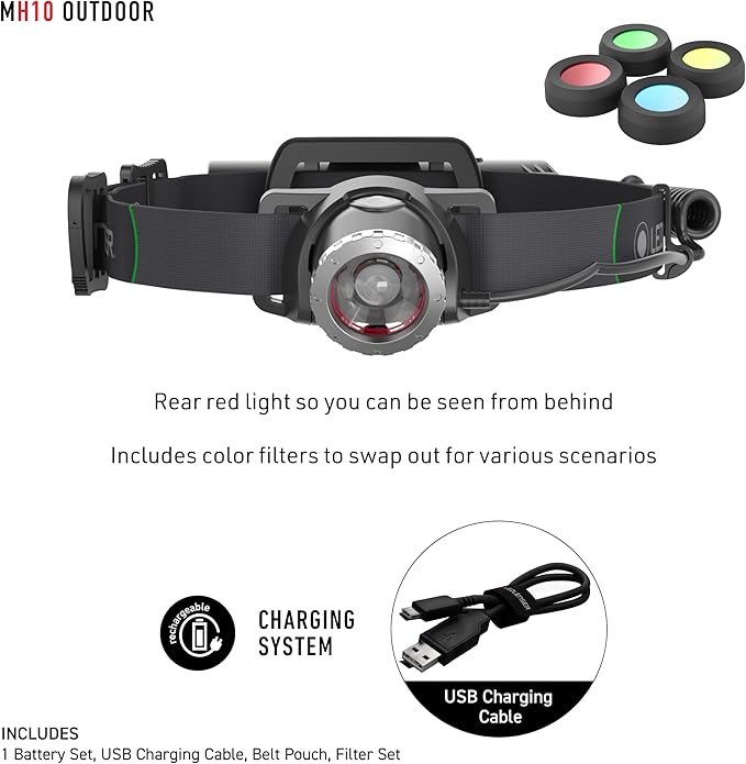 Ledlenser MH10 Rechargeable Headlamp - Black, 600 lm - 158 g Lightweight Design & Bright LED Headlight - 120-Hour Runtime & Work Headlamp - Hard Hat Light with Red Rear Light