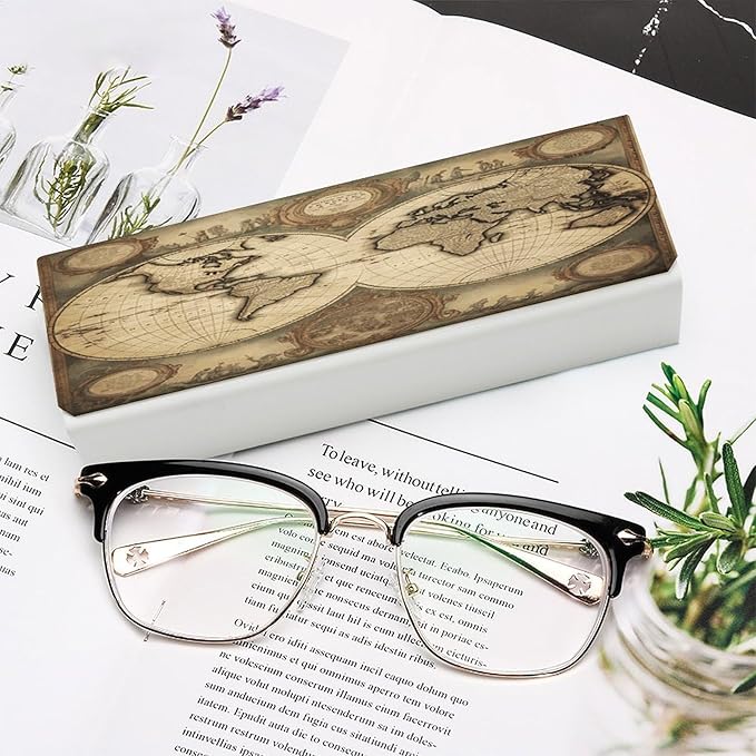 World Map Eyeglass Case Spectacle Case Slim PU Leather Eyeglass Case for Men Women Lightweight Protective Eyewear Storage with Cleaning Cloth