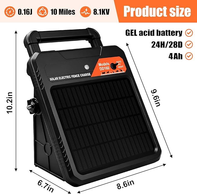 10 Miles Solar Electric Fence Charger 0.16J Portable Fence Energizer, Solar Fence Charger for Livestock Defense, 24-Hour Uninterrupted Protection