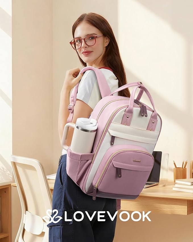 LOVEVOOK Laptop Backpack for Women with Giant Tumbler Holder Pocket,18.4 inch School College Bookbag Nurse Teacher Backpack,Work Travel Backpack Purse Laptop Computer Bag,Pink-Off-white-Light pink