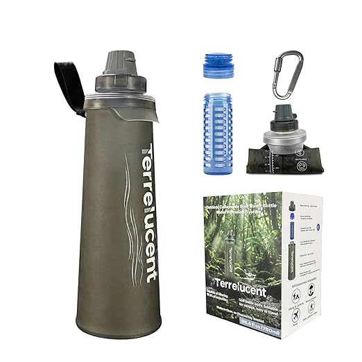 750ML Collapsible Water Bottle with Filter, Squeeze Filtered Water Bottle, BPA-Free, Dual Filtration, Ultralight Water Filter System for Hiking, Camping, Backpacking (Gray, 25.4 OZ)