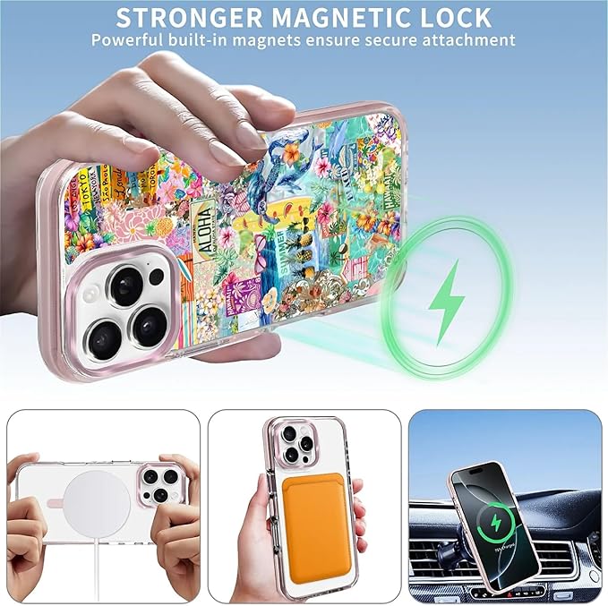 Case for iPhone 16 Pro Max,[Compatible with MagSafe],Hawaii Aloha Cover Coastal Beach Collage Phone Case Design，for Women Girls Magnetic Clear Cover - Slim, Sleek, & Shockproof Protection