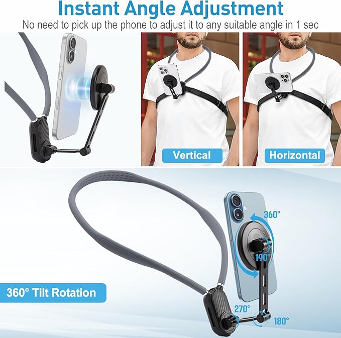 Magnetic Neck Phone Mount, Adjustable Chest Strap Neck Phone Holder for Recording, Hands Free POV/Vlog Phone Video Filming, Neck Cell Phone Chest Mount, Content Creator Essentials for iPhone Andriod
