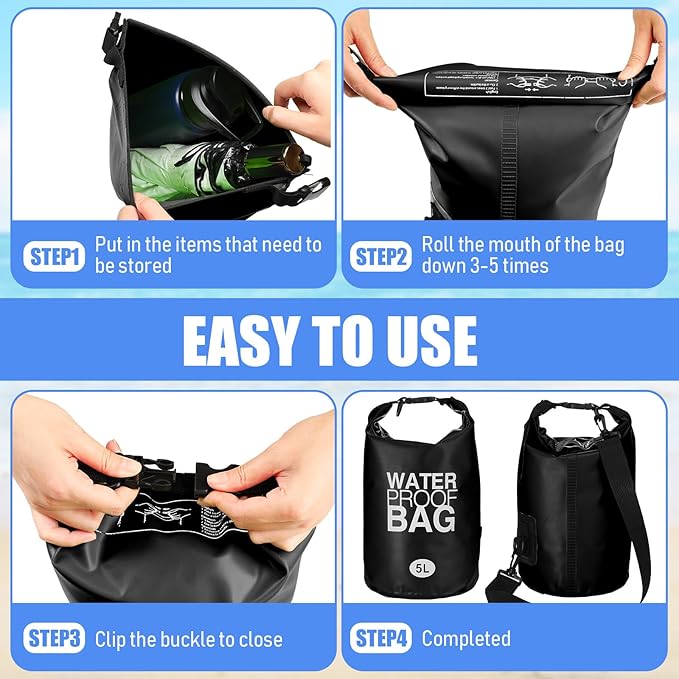 Jexine 10 Pack Dry Bag Waterproof, 5L Ultralight Dry Sacks Roll Top Storage Bag Backpack Camping Portable Outdoor Bags Keep Gear for Backpacking Kayaking Hiking Swimming Fishing Boating (Black)