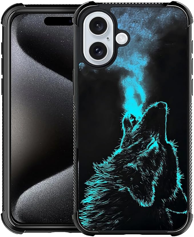 for iPhone 16 Case, Blue Breathing Wolf Pattern Graphic Design Girl Boy Soft Silicone Hard Acrylic Shock Protection for iPhone 16