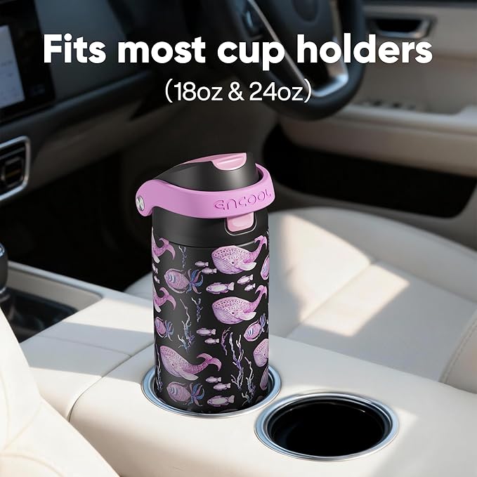 ENCOOL Leakproof Insulated Water Bottle with Straw Dual-Sip Water Bottle Bag-Safe Design for Work, Commute & Gym – Keeps Drinks Cold All Day, 24 oz, Neon Whale