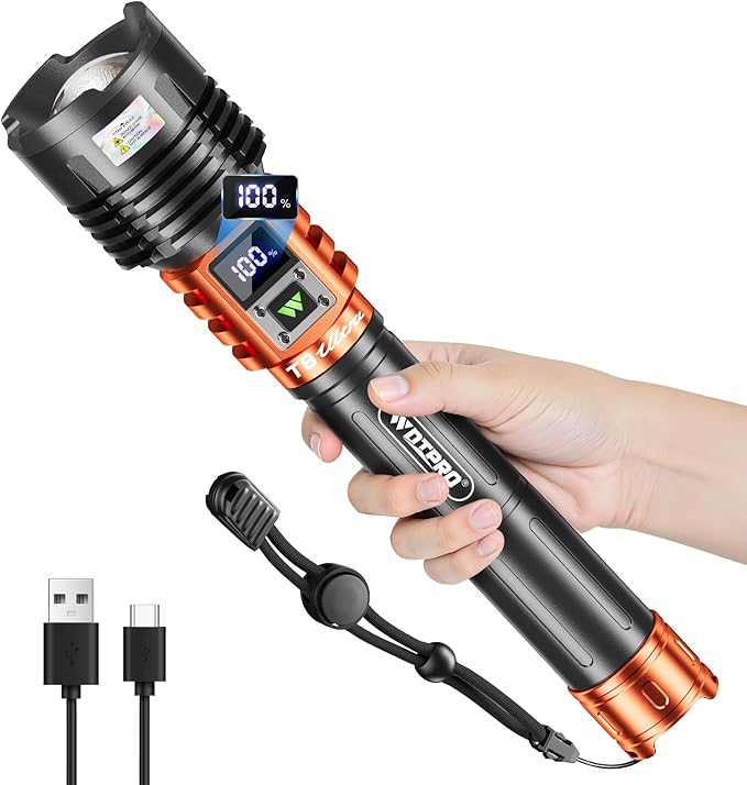 Wdtpro Rechargeable LED Flashlights High Lumens, Super Bright 90,000LM Rechargeable Flashlight with LCD Display, 5 Modes & Waterproof Powerful 10000mAh Handheld Flashlight for Camping Emergency Orange