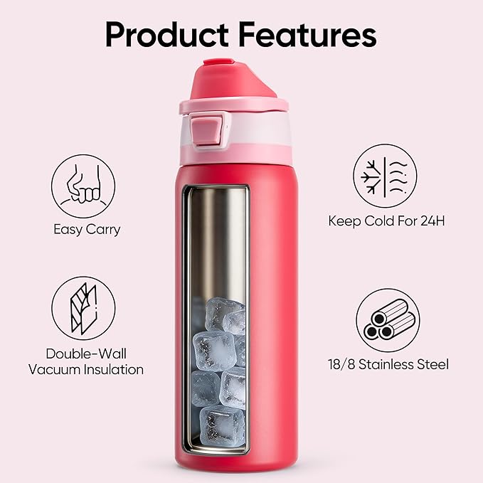 Fijinhom 32 oz Insulated Water Bottle with 2-in-1 Straw and Spout Lid, Stainless Steel Double Wall Vacuum Flask, Sports Water Bottle Keeps Cold 24H, Leak Proof for Gym, Outdoor, Travel (Red)