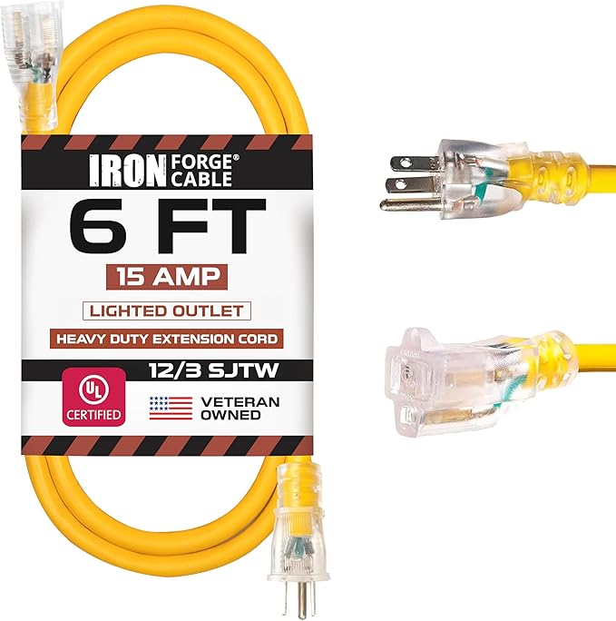 IRON FORGE CABLE 6 Foot Lighted Outdoor Extension Cord - 12/3 SJTW Heavy Duty Yellow Extension Cable with 3 Prong Grounded Plug for Safety, 15 AMP - Great for Garden and Major Appliances