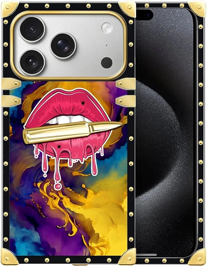 for iPhone 17 Pro Max Case Luxury Golden Decoration for Girl Women Soft TPU Shockproof Protective Hard PC Back for iPhone 17 Pro Max Crazy Pattern Cool Corlorful Lip Marble