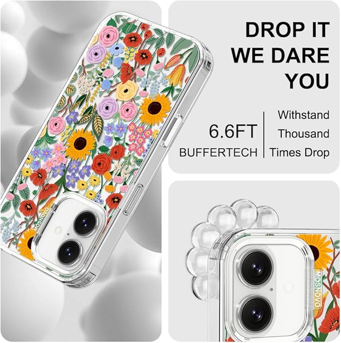 MOSNOVO for iPhone 17 Case | Military Grade 6.6ft Drop Tested | Camera Control | Clear with Blossom & Bloom Design