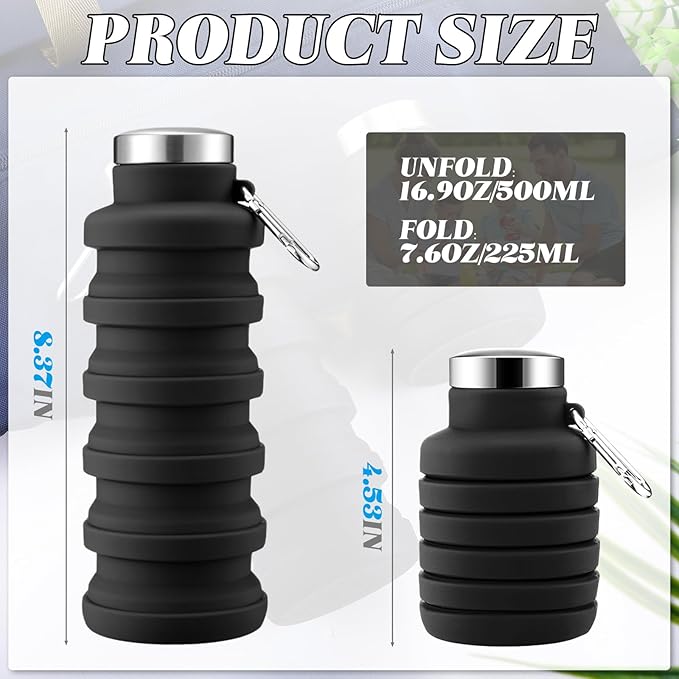 Lallisa 4 Pcs Collapsible Water Bottles 17 oz Reusable Silicone Foldable Travel Water Bottle Portable Leak Proof Sports Water Bottles for Gym Camping Hiking (Black)