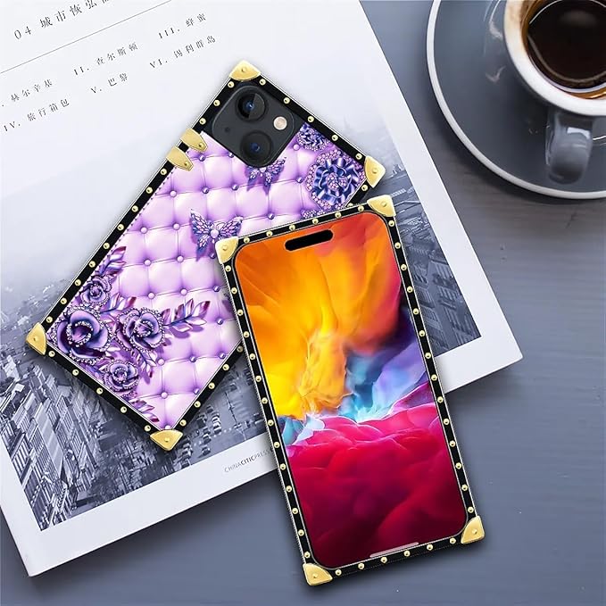 Compatible with iPhone 15 Case, Purple Butterfly Flowers Leaf Luxury Golden Decoration for Girl Women Soft TPU Shockproof Protective Hard PC Back for iPhone 15