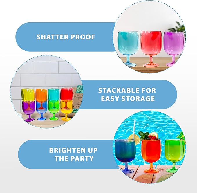 Lily's Home Unbreakable Plastic Wine Glasses Set of 8, 12 oz Shatterproof Stackable Tumblers, Reusable BPA Free Goblets for Party, Picnic, Camping, and Outdoor Use. Made in Taiwan(Multicolor)