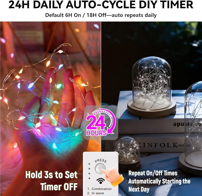 HXWEIYE Rechargeable Fairy Lights Battery Operated, DIY Timer & 8 Modes, 2 Pack 16FT 50LED Twinkle String Lights Indoor, Led mini Lights for Bedroom Wedding Dorm Christmas Tree Decor (Multicolor)