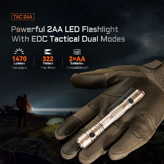 ACEBEAM TAC 2AA EDC Tactical Dual Modes Flashlight Rechargeable, 1470 High Lumens Flashlight, Dual Switch Pocket LED Flashlight, Super Bright Small Flash Light for Emergency, Camping, Home(CREE XP-LR)