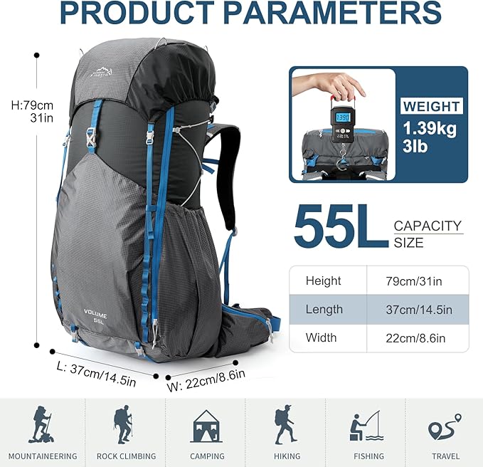 IX INOXTO 55L Internal Frame Waterproof Hiking Camping Backpack with 3L Water Bladder and Rain Cover, Large Lightweight Travel Daypack Rucksack for Climbing (Dark Gray)