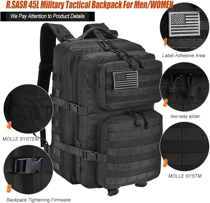 45L Tactical Backpack for Men Women, Military Assault Pack with MOLLE, Large 3 Day Bug Out Bag for Hiking Camping