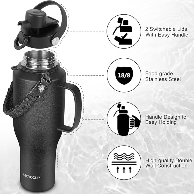 ABOTOCUP Water Bottle 40oz, Insulated Water Bottle with Handle & Straw Lids, Stainless Steel Water Bottles Fits in Any Car Cup Holder, Travel Cup Double Wall BPA-Free Leak-proof to Keep Cold &Hot